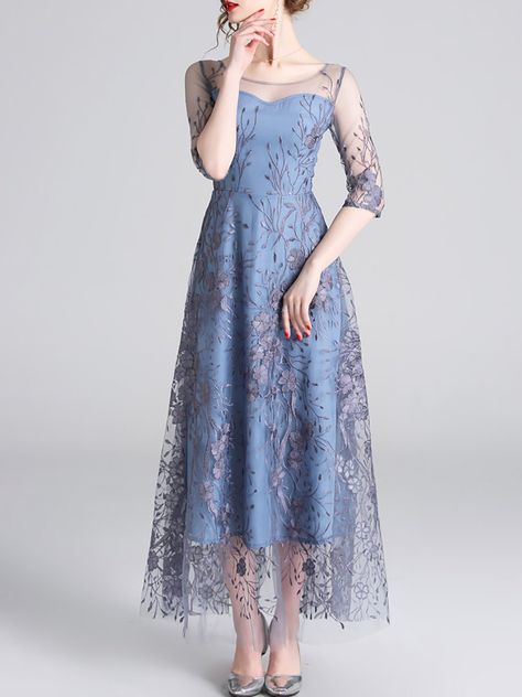 Stylewe Cocktail Dresses Summer Dresses Cocktail A-Line Crew Neck Half Sleeve Elegant Paneled Dresses Blue Mesh Dress, Fairy Embroidery, Dress Brokat, Kebaya Dress, Pakaian Feminin, Mode Abaya, Elegant Maxi Dress, Maxi Dress Cocktail, Dresses Elegant