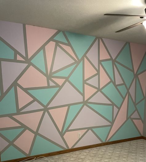 Pastel mosaic wall Teal Pink And Grey Bedroom, Pink Purple Teal Bedroom Kids Rooms, Purple And Teal Kids Room, Purple Wall Paint Ideas, Pink Purple And Blue Wall Paint, Pink Teal And Purple Bedroom, Purple Teal Bedroom Room Ideas, Teal And Purple Bedroom For Girls Kids, Teal Geometric Wall