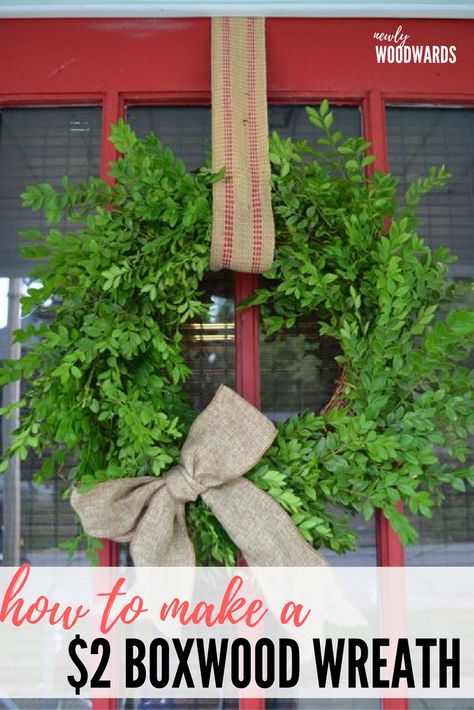 How to make a $2 boxwood wreath - NewlyWoodwards Vine Wreaths, Boxwood Wreaths, Quick And Easy Crafts, Vine Wreath, Boxwood Wreath, Faux Greenery, Summer Wreaths, Silver Bells, Burlap Ribbon