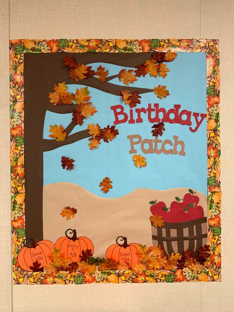 Pumpkin Patch Birthday Bulletin Board, Pumpkin Birthday Board Classroom, Apple And Pumpkin Bulletin Boards, Fall Birthday Boards Preschool, November Birthday Board Classroom, Fall Theme Board, Fall Birthday Bulletin Boards, Fall Infant Birthday Board, Fall Birthday Wall For Classroom