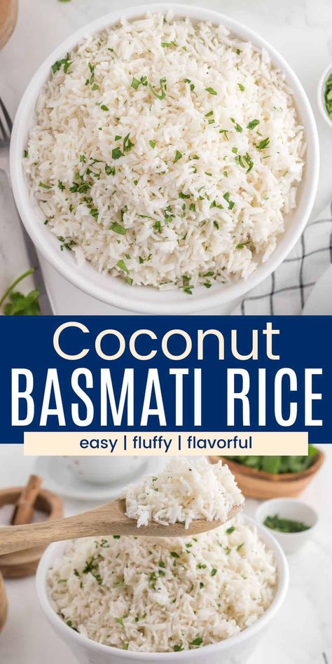 This easy Coconut Rice recipe is a fantastic way to jazz up white rice! Coconut milk adds creamy sweetness to fluffy basmati rice, turning it into an ultra flavorful accompaniment for curries, seafood, and more. Coconut Rice Recipe Easy, Rice Made With Coconut Milk, Coconut Rice Basmati, Coconut Cilantro Rice, Flavourful Rice Recipes, Coconut Basmati Rice Recipe, Rice With Coconut Milk Recipes, Seasoned Basmati Rice Recipes, How To Make Coconut Rice