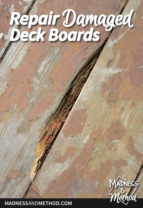 Do you have to repair damaged deck boards? While my original plan was to replace the damaged ones, I couldn't do that and had to fill them instead! Deck Refinishing, Porch Repair, Deck Renovation, Deck Maintenance, Deck Restoration, Deck Remodel, Deck Repair, Deck Flooring, Deck Makeover