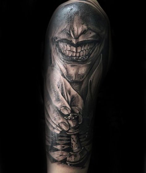 Joker With King Chess Piece Mens Half Sleeve Tattoo Easy Half Sleeve Tattoos, Half Sleeve Tattoo Template, Chess Piece Tattoo, Chess Tattoo, Unique Half Sleeve Tattoos, Half Sleeve Tattoos Drawings, Half Sleeve Tattoos, Tattoo Themes, Full Sleeve Tattoo Design