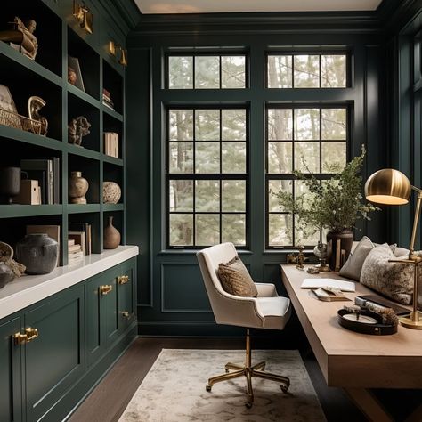 Best Moody Paint Colors of 2024 Green Wall And Trim, Hunter Green Built Ins, Library Green Walls, Moody Grey Green Paint, Essex Green Benjamin Moore Living Room, Black Forest Green Color Palette, Moody Living Room Green Walls, Moody Green Office Paint Colors, Dark Green Painted Room