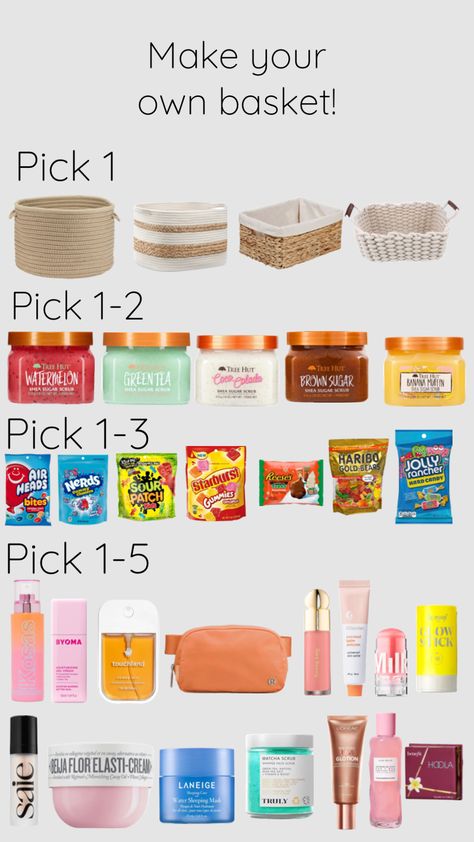 Make your own basket! #basket #beauty #products #makeyourown #pick #cute #candy #beautyproducts #treehut #treehutscrubs Making A Gift Basket, Girl Gift Baskets, Birthday Presents For Friends, Clean Blackheads, Preppy Gifts, Birthday Basket, Cute Birthday Ideas, Cute Gifts For Friends, Diy Birthday Gifts For Friends