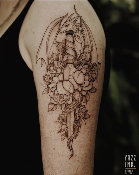 Fantasy Half Sleeve Tattoo, Fantasy Themed Tattoo Sleeve, Feminine Fantasy Tattoo, Fantasy Floral Tattoo, Upper Arm Dragon Tattoos For Women, Fantasy Tattoo Arm, Dragon On Forearm Tattoo, Sweet Dragon Tattoo, Dragon Swords Fantasy Tattoo