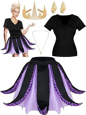 Ramede 5 Pcs Women's Halloween Sea Costume Purple Octopus Cosplay Costume Black Purple Tentacle Skirt Gold Necklace (Small) Sea Witch Costume, Octopus Costume, Sea Costume, Ursula Costume, Purple Octopus, Running Costumes, Witch Halloween Costume, Idee Cosplay, Halloween 2022