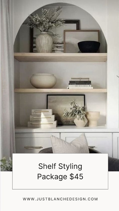 Shelf Decor Kitchen Modern, Styling Bookshelves For Christmas, Fireplace Shelves Decor, Long Shelf Decor, Open Shelving Living Room, Foyer Styling, Decorating Built Ins, Small Shelf Decor, Bookshelf Styling Living Room