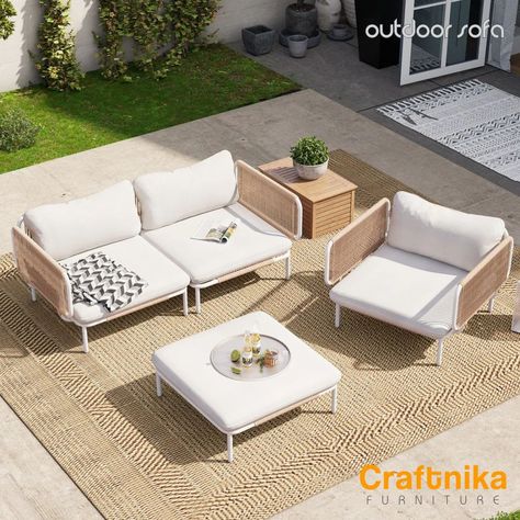 Looking to elevate your outdoor space? Our Rope Sofa is the perfect blend of style and comfort. Here's why you'll love it: Cozy & Chic: Woven rope adds a touch of texture, making your patio décor pop while offering incredible comfort. Built for the Elements: Relax, it's weatherproof! Our resilient rope ensures your sofa looks stunning season after season. Entertain in Style: Plush cushions create an inviting space for friends and family to gather and enjoy the outdoors. Craftnika's Rope Sofa... Patio Furniture Conversation Sets, Patio Conversation Sets, Luxury Outdoor Furniture, Modern Outdoor Furniture, Small Sofa, Patio Sofa, Conversation Set Patio, Cozy Chic, Set Free