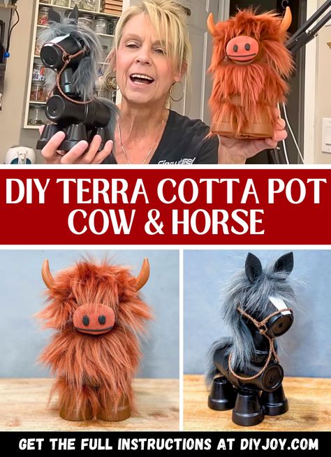 How To Make A Cute DIY Clay Pot Cow And Horse via @diyjoycrafts Diy Highland Cow Decor, Pot Animals, Diy Terra Cotta Pots, Homemade Watercolors, Cow Craft, Small Terracotta Pots, Clay Pot Projects, Clay Pot People, Cow Horse