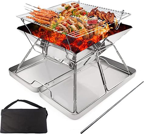 ZHZIRO BBQ Fire Pit Portable Campfire Pit Collapsible Stainless Steel Grill for Camping Picnic Patio Backyard and Garden with Fire Tube Carrying Bag（with Iron Carry Box） Barbecue Portable, Mini Grill, Charcoal Bbq Grill, Portable Barbecue, Camping Grill, Air Ventilation, Stainless Steel Grill, Charcoal Bbq, Camping Picnic