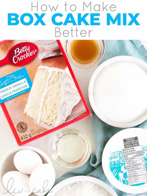 Take your box cake mix to the next level with this easy recipe! A few simple additions make it extra moist and delicious. | livforcake.com Doctored Cake Mix Recipes, Cake Mix Doctor, Moist White Cake, Box Cake Recipes, Boxed Cake Mixes Recipes, Whiskey Cake, White Cake Recipe, Sour Cream Recipes, Torte Cupcake