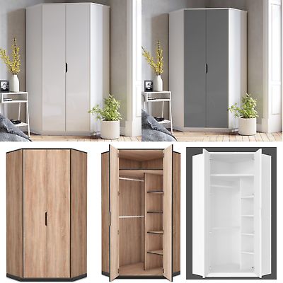 Cellini 2 Door Corner Wardrobes in High Gloss White, Grey Gloss or Oak Effect | eBay Bedroom Wardrobe Design Ideas, Wardrobes Ideas, Corner Wardrobe Closet, Farmhouse Decor Joanna Gaines, Wardrobe Design Ideas, Corner Closet, Bedroom Wardrobe Design, Corner Wardrobe, Corner Cupboard