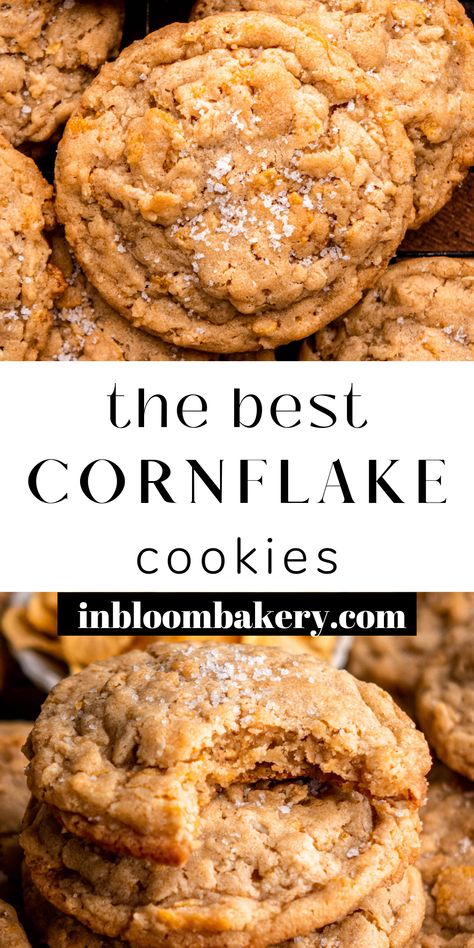 These are the best cornflake cookies! They have a buttery, caramel flavor, with chewy oatmeal-cookie-like centers, and a nice crunch from the cornflakes, all sprinkled with flaky sea salt. Cornflake Cookies Recipe, Worlds Best Cookies, Bloom Bakery, Cornflake Cookies, Cereal Cookies, Oatmeal Cookies Chewy, Best Cookies, Cookie Brownie Bars, Oatmeal Cookie