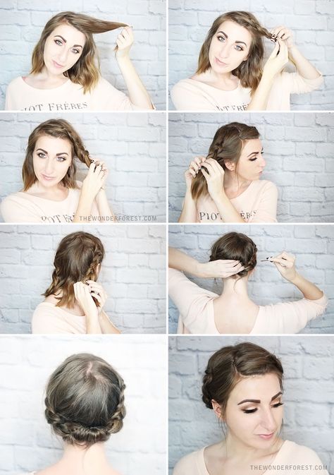 Quick Rolled Braid Updo For Shorter Hair | Wonder Forest: Design Your Life. Braided Updo For Short Hair, Braid Updo, Milkmaid Braid, Braided Hairstyles Updo, Penteado Cabelo Curto, Short Hair Updo, Braided Updo, Braids For Short Hair, Hair Updos