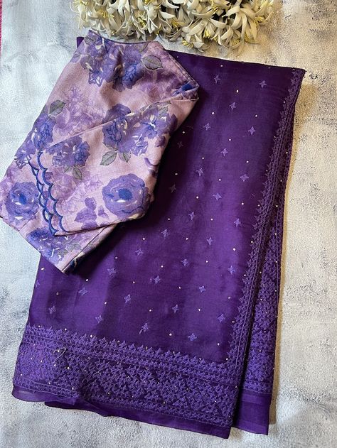 Tuhina violet organza saree handloom organza kutch embroidered by local artisans Mukaish embellishments adds to the beauty Running blouse piece Dry clean only  To view other organza sarees, please click on  https://aavaranaa.com/product-tag/tuhina/ Pattu Saree Dress Gowns, Embroidery Saree Designs Latest, Fancy Pattu Sarees, Stylish Saree Look, Mukaish Saree, Normal Saree, Kutch Work Saree, Benaras Sarees, Saree Combination