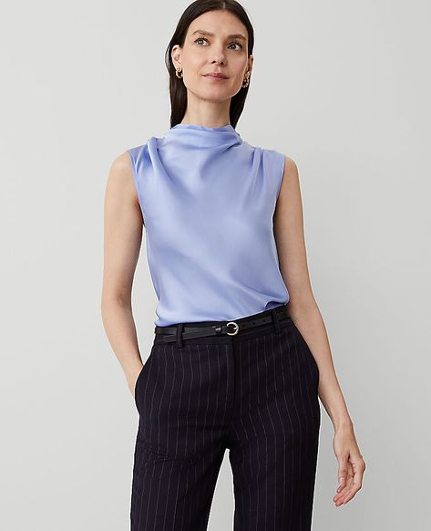 Styled with a flattering drape, our cowl neck shell is the perfect way to top off your wardrobe. Mock cowl neck. Sleeveless. Shoulder pleats. Hidden back zipper with hook-and-eye closure.,Imported:Imported,Fit:Classic: an easy, straight fit,Length:24 1/4" long,Fabrication:100% Polyester,Garment Care:Machine Washable Cowl Neck Shell by Ann Taylor Size regular - Medium Bluebell Frost Women's Cowl, Neck, Sleeveless, Blouse, Tops, 100%, Polyester, Machine, Washable Politician Outfit Women, Professional Tops, Career Barbie, Business Casual Tops, Corporate Girl, Petite Womens Clothing, Office Fits, Workwear Outfits, Women Work Blouse