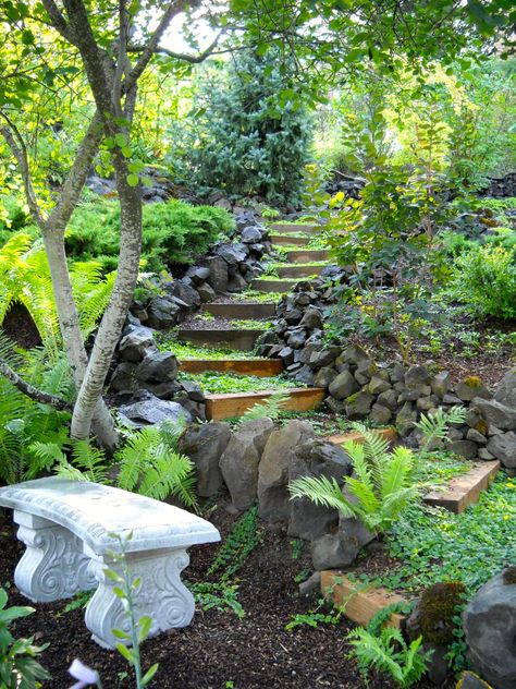 Sloped Backyard Landscaping, Hillside Garden, Sloped Backyard, Garden Stairs, Tiered Garden, Hillside Landscaping, Garden On A Hill, Sloped Garden, Garden Steps