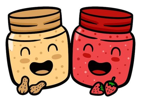 Peanut Butter Drawing, Butter Cartoon, Peanut Butter Jar, Food Drawings, Strawberry Jelly, Cute Food Drawings, Jelly Jars, Jam Jar, Strawberry Jam