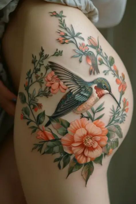 Looking for elegant bird tattoo designs for women? Explore a variety of captivating bird tattoo ideas perfect for females. From delicate flying birds to intricate feathers, these designs are perfect for those wanting a nature-inspired or symbolic tattoo. Find inspiration and find the perfect bird tattoos to express your style and personality. Whether you prefer small, minimalist tattoos or bold, colorful designs, there is something here for everyone. Discover the beauty of bird tattoos and get i Hummingbird Flower Tattoo Sleeve, Bird Tattoos Back, Bird Thigh Tattoo, Coloured Tattoos For Women, Bird Tattoo Designs For Women, Full Buttcheek Tattoo Women, Bird Tattoo Color, Nina Aesthetic, Neo Traditional Chest Tattoo