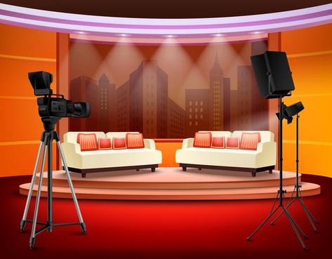 Talk Show Set Design, Studio Deco, Studio Room Design, Filming Equipment, Comfortable Sofas, Video Set, Interior Brick, Film Equipment, Tv Set Design