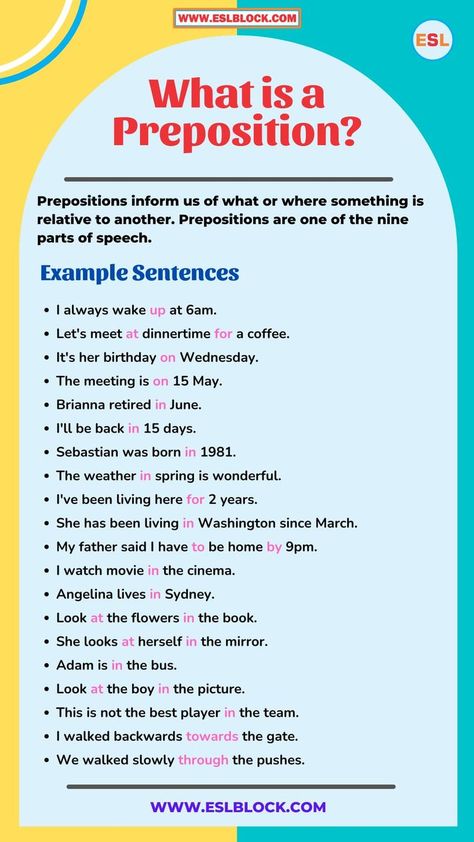 There aren’t a lot of connecting words that refer to time, but the words do have a significant role in the English language. These words can explain when something is going to happen or happened. The following list of prepositions contains prepositions for time. List Of Prepositions, What Is A Preposition, Connecting Words, Basic English Grammar Book, English Fluency, English Grammar Notes, English Prepositions, English Grammar Rules, Reading Comprehension Lessons