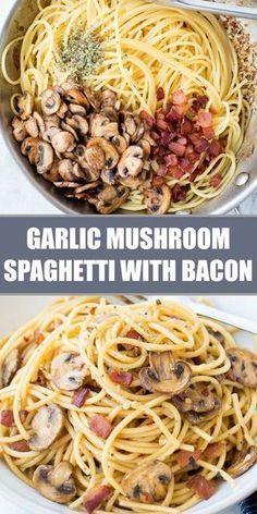 Garlic Mushroom Spaghetti With Bacon is an easy weeknight dinner, made with just handful of ingredients. This Mushroom Pasta is packed with flavour and takes just 20 minutes from start to end. #pasta #mushroom #spaghetti #dinnerrecipe Spaghetti With Bacon, Pasta Mushroom, Mushroom Spaghetti, Makanan Italia, Garlic Spaghetti, Resep Pasta, Garlic Mushrooms, Pasta Dinners, Pasta Dinner Recipes