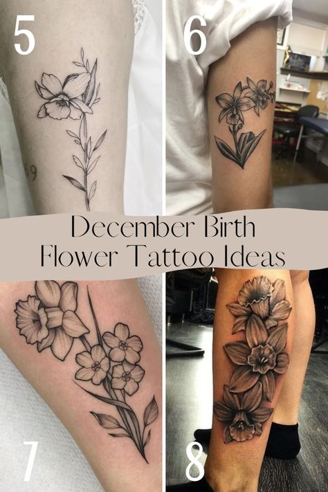 December Birth Flower Tattoo {Narcissus} - TattooGlee Black And White Birth Flower Tattoo, December Birth Flowers Tattoo, October Bday Tattoo Ideas, Dainty December Flower Tattoo, Birth Flower Tattoo December, Narcissus Tattoo December, Birth Month Flower Tattoos December, May Birth Flower Tattoo Color, December Birth Month Tattoo