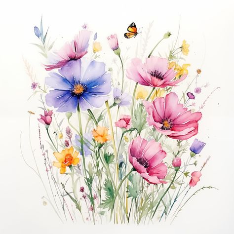 Immerse yourself in the vibrant beauty of nature with this set of four digital watercolor prints. Each piece showcases a unique arrangement of wildflowers in full bloom, teeming with life as butterflies and bees dance among the petals. These high-resolution botanical art prints are perfect for instant download and can be printed at your convenience, offering a versatile and eco-friendly way to decorate your space. Add a splash of color to your home, office, or as a heartfelt gift with this print Elements Decor, Wildflower Clipart, Wildflower Painting, Watercolour Drawings, Wildflower Paintings, Wildflower Design, Watercolor Wildflowers, Botanical Art Prints