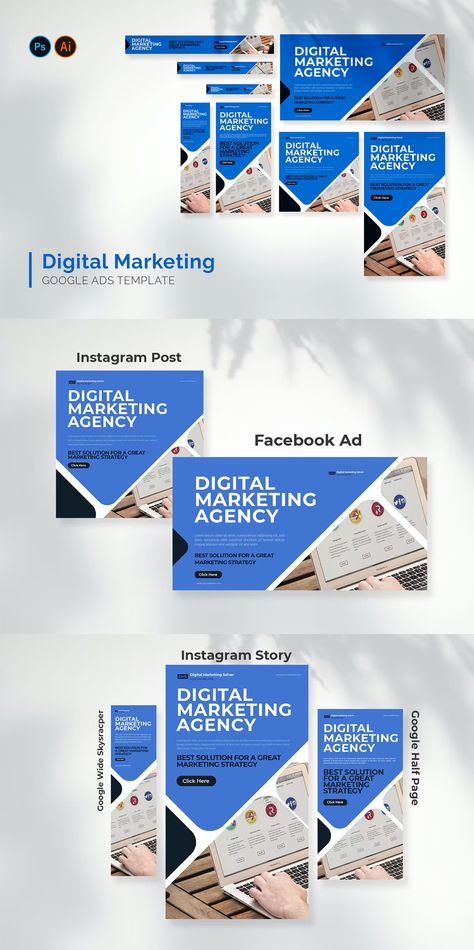 Marketing Digital - Google Ads Design Template AI, PSD Google Ads Design Marketing, Google Ads Design, Google Banner Ads, Ads Template, Banners Template, Website Promotion, Ads Design, Social Post, Web Banners