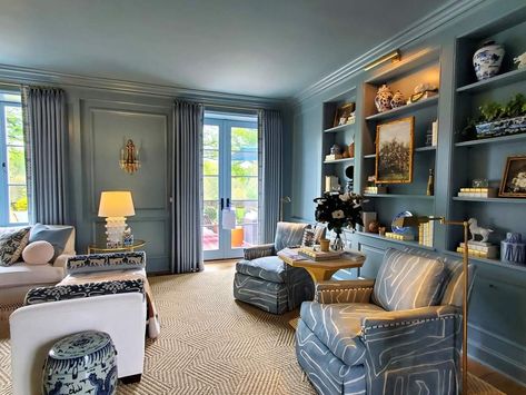 Blue Bonus Room, Blue Transitional Living Room, Bedroom Addition Ideas, Colour Drenching, Cottage Addition, Traditional Basement, Lady Lounge, Basement Remodel Ideas, Colorful Rooms