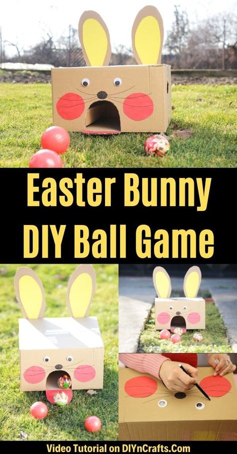 Turn an ordinary cardboard box into this adorable Easter bunny cardboard box ball game in just a few minutes! An ideal family-friendly Easter game DIY. #EasterBallToss #EasterBallGame #EasterGame #DIYBallToss #DIYEasterBunnyGame Easter Bean Bag Toss, Easy Easter Games For Kids, K2 Activities, Bunny Cardboard, Fun Easter Games, Preschool Easter, Easter Games For Kids, Game Diy, Ideal Family