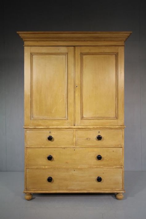 19TH CENTURY ANTIQUE PINE LINEN PRESS CUPBOARD IN ORIGINAL PAINT Antique Linen Press, Panelled Doors, Bedroom Nook, Antique Cupboard, Linen Cabinets, Linen Press, Linen Cupboard, Kitchen Dresser, Cream Paint