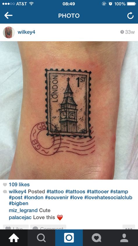 London Post Stamp Tattoo, England Tattoo Ideas Symbols, England Stamp Tattoo, London Postage Stamp Tattoo, England Inspired Tattoo, London Stamp Tattoo, London Inspired Tattoo, British Tattoo Ideas, London Tattoo Ideas