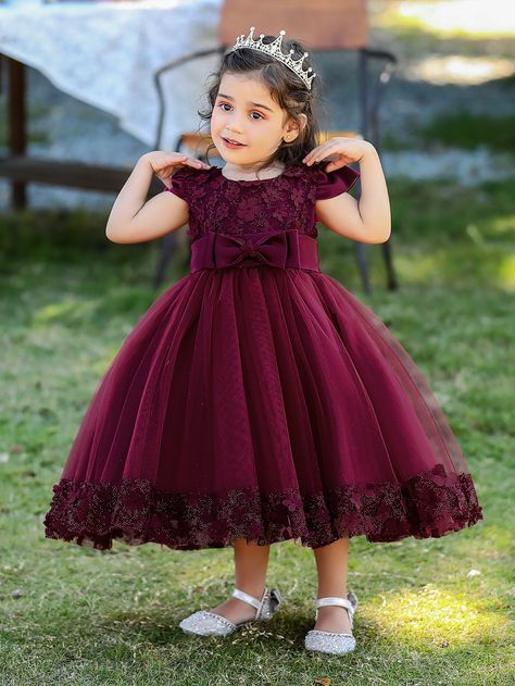 Maroon Glamorous  Cap Sleeve Mesh Plain Fit and Flare  Non-Stretch All Toddler Girls Clothing Latest Kids Frocks Designs, Party Frocks For Kids, Baby Girl Dresses For Wedding, Message Ringtone, Vestidos Color Vino, Birthday Toddler Girl, Party Dress For Girls, Wedding Dress Photoshoot