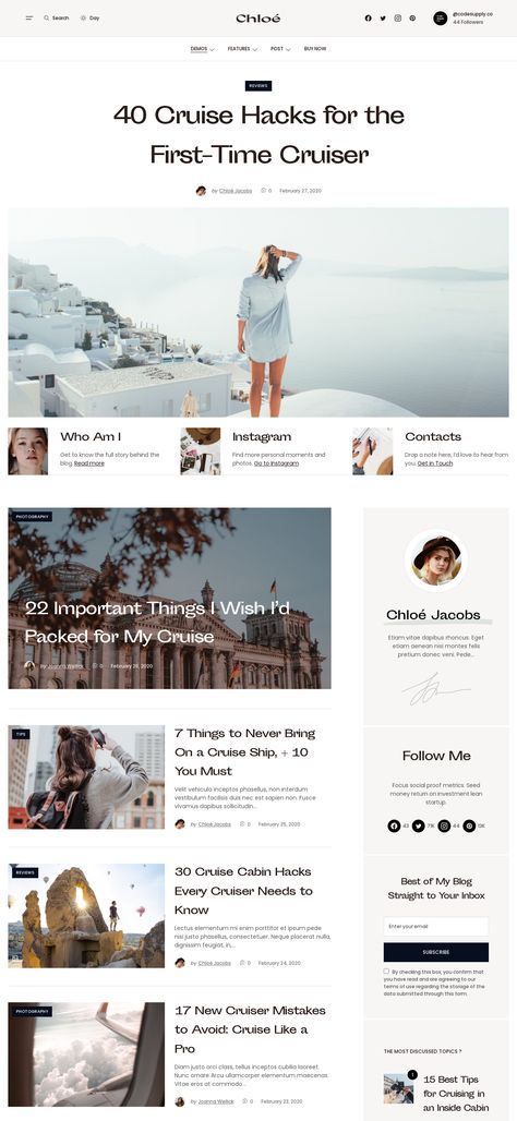 Take your readers on a journey they'll never forget with Chloé - the ultimate WordPress theme for travel bloggers and magazines. With its stunning design, customizable layout, and powerful features, Chloé will help you share your adventures with the world like never before. Explore new horizons with Chloé today and get your blog adventure started with one of the best WordPress themes for travel blogs! Travel Blogger Website Design, Blog Article Page Design, Travel Blog Aesthetic, Blog Templates Design Layout, Travel Blog Website Design, Blog Website Design Layout, Blog Design Layout, Blog Website Inspiration, Blog Page Design