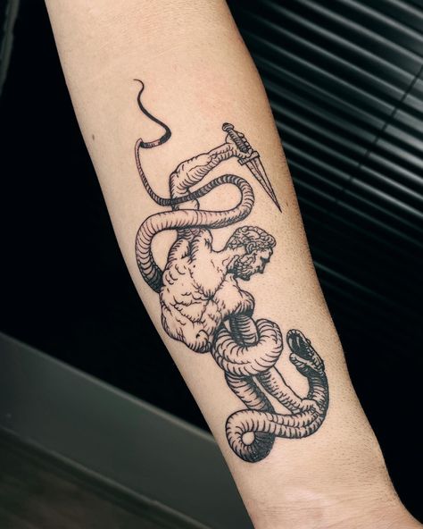 Roman Pottery Tattoo, Gothic Style Tattoo Men, Snake Men Tattoo, Greek Half Sleeve Tattoo, Tattoo On Biceps Men, Theseus Tattoo, Mythology Forearm Tattoo, Outer Forearm Tattoo Men Sleeve, Greek God Tattoos For Men