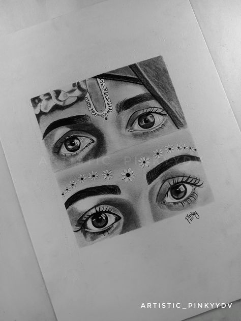 For more follow on ig: artistic_pinkyydv Radha Krishna Eyes, Krishna Eyes, Candle Painting Art, Radha Krishna Sketch, Krishna Sketch, Face Art Drawing, Pencil Drawings For Beginners, Easy Drawings For Beginners, Realistic Pencil Drawings