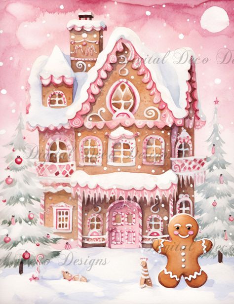 Pink Christmas Wonderland Gingerbread 3 (#H043)-Decoupage Paper Christmas Digital Drawing, Vintage Pink Christmas Images, Pink Christmas Painting, Rice Craft, Hellen Keller, Vintage Pink Christmas, Christmas Princess, Paintings Ideas, Pink Xmas