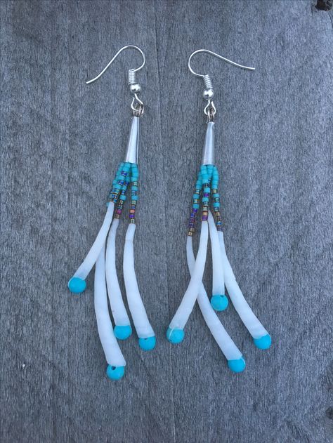 Blue and Brown Dentalium Tassel Dentilium Earrings, Dentalium Jewelry, Dentallium Earrings, Dentalium Earrings, Dentalium Shell Earrings, Mom Earrings, Native American Beadwork Patterns, Seashell Earrings, Beaded Earrings Native