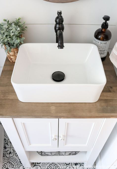 How to Install a Vanity & Vessel Sink Combo | Simply Beautiful By Angela Farmhouse Bathroom Sink, Vessel Sink Vanity, Small Bathroom Sinks, Small Sink, Small Bathroom Vanities, Diy Concrete, Downstairs Bathroom, Vessel Sink Bathroom, Bathroom Redo