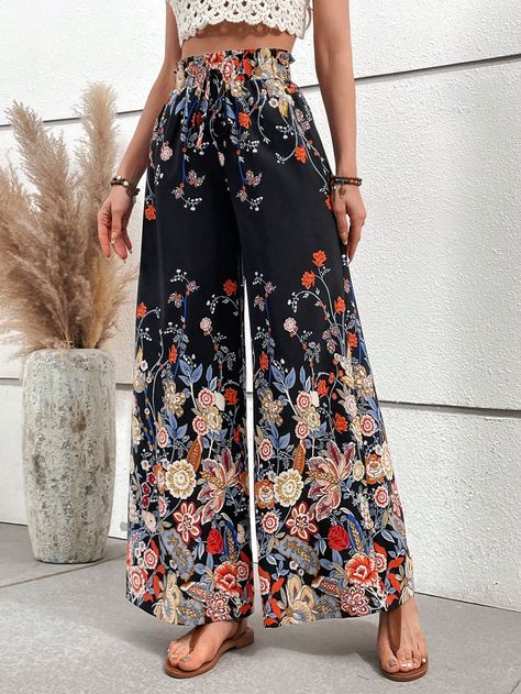 Black Boho Collar  Woven Fabric Floral Wide Leg Embellished Non-Stretch  Women Clothing Bohemian Wide-leg Pants, Holiday Pants, Mix Match Outfits, Fashionable Saree Blouse Designs, Black Boho, Printed Wide Leg Pants, Boho Pants, High Waist Fashion, Plus Size Pants