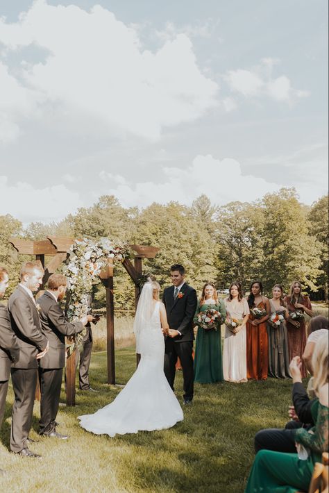 Swap sides with the groom to look at your girls and your new husband both during the ceremony! Bridesmaids On Grooms Side, Bridesmaids Behind Groom During Ceremony, Lake Lodge, Lakeside Wedding, Wedding 2025, Lodge Wedding, Wedding Bridal Party, Wedding Idea, Wedding Weekend