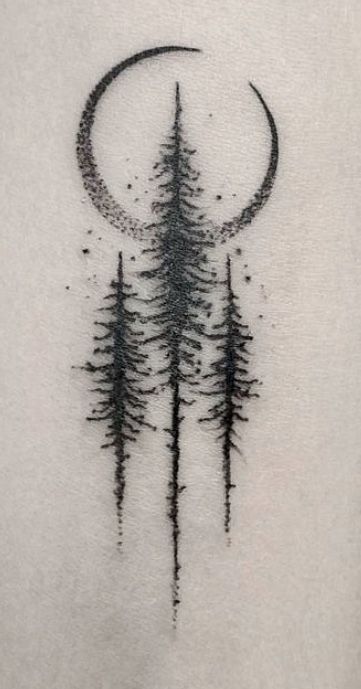 Tree Tattoo For Son, Simplistic Tattoos Forearm, Twilight Tree Tattoo, Mystical Nature Tattoo, Pine Tree Moon Tattoo, Pine Tree Tattoo Women, Forest Aesthetic Tattoo, Tree Hip Tattoos Women, Night Aesthetic Tattoo