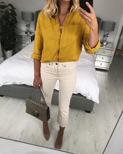 Mustard Shirt Outfit, Red Leather Tote Bag, White Outfit Ideas, Linen Shirt Outfit, Emma Hill, Mustard Shirt, Casual Denim Outfits, Wardrobe Refresh, Perfect Summer Outfit