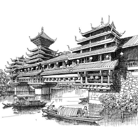 china architectural drawing Cyberpunk Drawing, Ancient Drawings, Ancient Chinese Architecture, China Architecture, Perspective Drawing Architecture, City Sketch, Building Sketch, Asian Architecture, Architecture Sketchbook