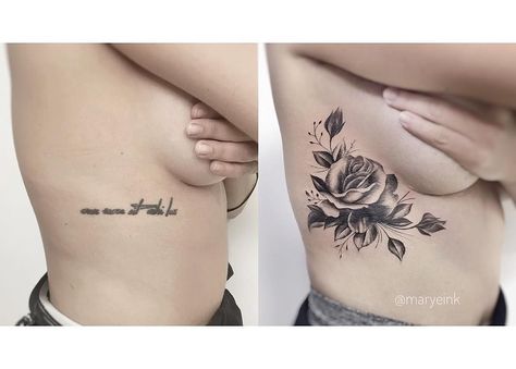 Rib Tattoo Coverups For Women, Coverup Rib Tattoo, Cover Up Tattoos Before And After, Flower Cover Up Tattoos, Body Markings, Tatuaje Cover Up, Rosen Tattoo Frau, Cover Up Tattoos For Women, Rib Tattoos For Women