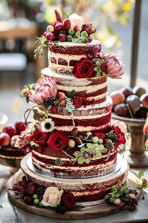 Naked Wedding Cake Ideas, Fancy Treats, Red Velvet Wedding Cake, Blue Hydrangea Wedding, 50th Anniversary Cakes, Bridal Cake, Fall Wedding Color Palette, Wedding Cake Ideas, Floral Wedding Cakes