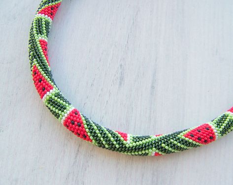 Watermelon necklace - Beaded crochet rope necklace - Handmade jewellery - Beadwork necklace - Fruit necklace - green, red necklace Bead crochet rope necklace is crocheted on 100% cotton thread with thousand of small Czech seed beads with watermelon pattern . Very flexible and comfortable to wear. It is easy, elegant jewelry suitable for everyday use and special occasions. Is handmade especially for you. Length 19 inch (49cm). To browse more of my beaded crochet rope necklaces please follow the l Watermelon Necklace, Beads Kit, Fruit Necklace, Watermelon Pattern, Beadwork Necklace, Beaded Crochet, Bead Crochet Rope, Necklace Bead, Crochet Rope