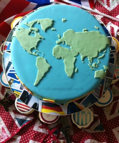 Potential dessert option - world cake with country flag cupcakes?                                                                                                                                                      More Geography Cake, Flag Cupcakes, Map Cake, Globe Cake, Earth Cake, Travel Cake, Flag Cake, World Party, Map Of The World